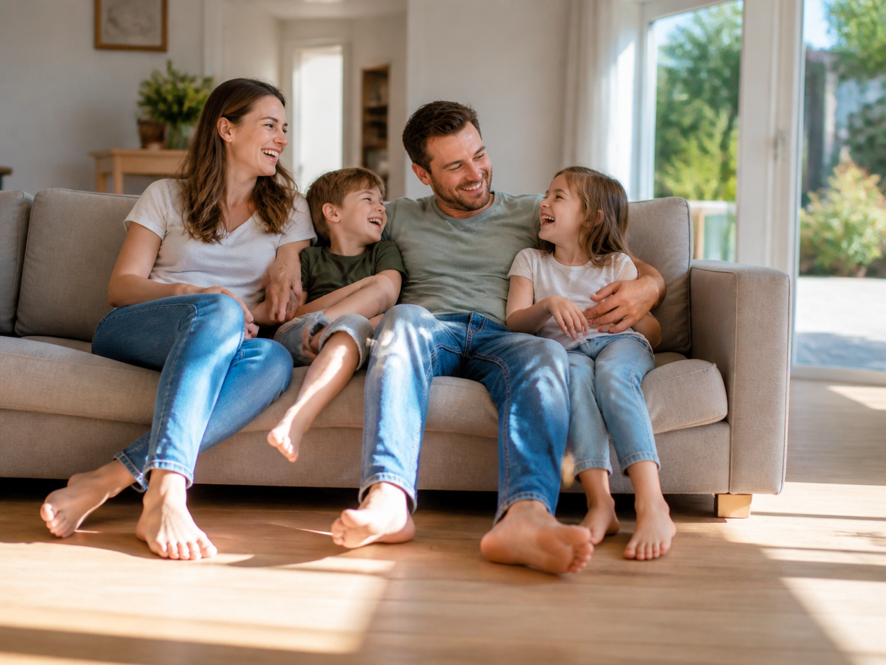 A family relaxing barefoot in a spotless British living room