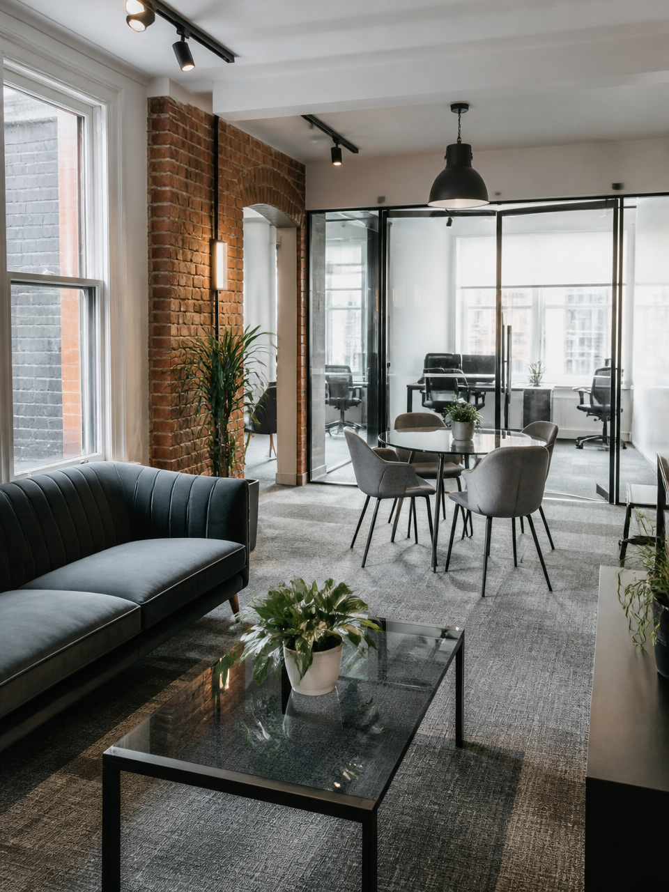 A clean Plymouth office breakout area with glass meeting room