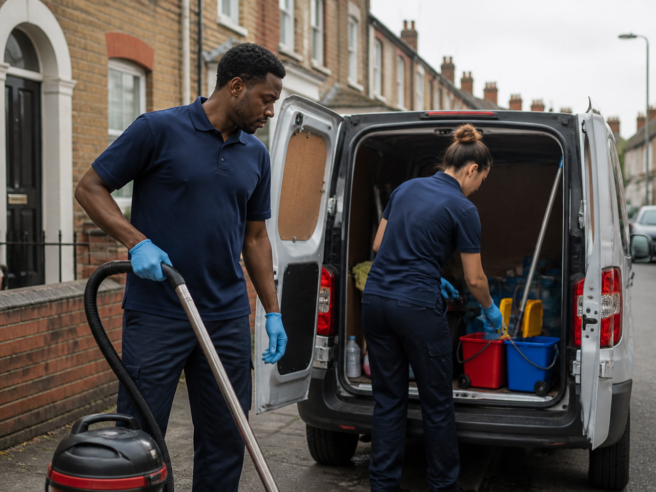 Two Rouch cleaners in navy branded uniforms loading equipment outside a Plymouth home